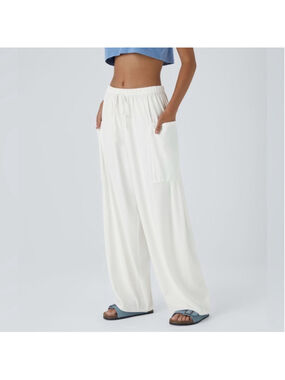 Halara Mid Rise Elastic Waistband Drawstring Pocket Palazzo Flowy Wide Leg Pants